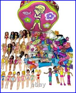 Huge Lot of 27 Vintage 2000s Polly Pocket Dolls Case Pets Clothing Accessories