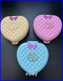Polly Pocket Vintage Heart Shaped 3 Playset Lot Pink Blue Cream Includes Figures